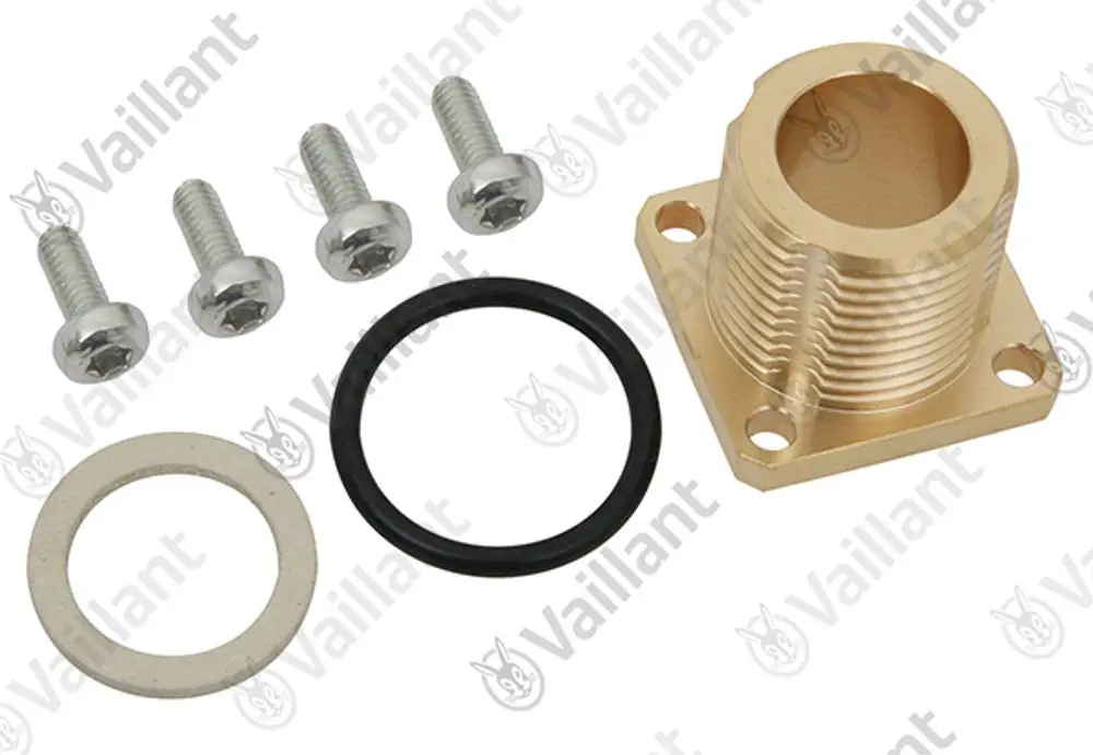 Vaillant Adapter mit vier Schrauben sowie zwei Dichtungen in unterschiedlichen Größen. Das Bauteil besitzt ein gewindeartiges Innenprofil.